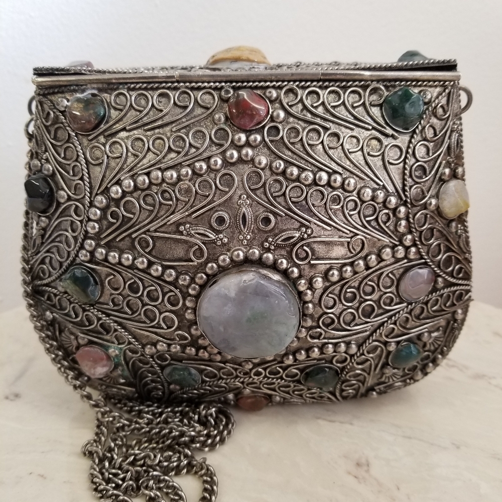 Vintage Sajai Metal Purse with Natural Agate Stones – Filigree Minaudière - Picture 3 of 8